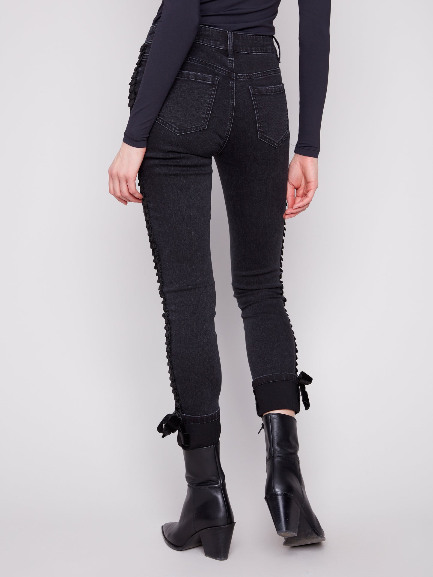 Slim Leg Jeans With Velvet Bow - Charcoal