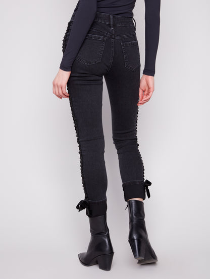 Slim Leg Jeans With Velvet Bow - Charcoal