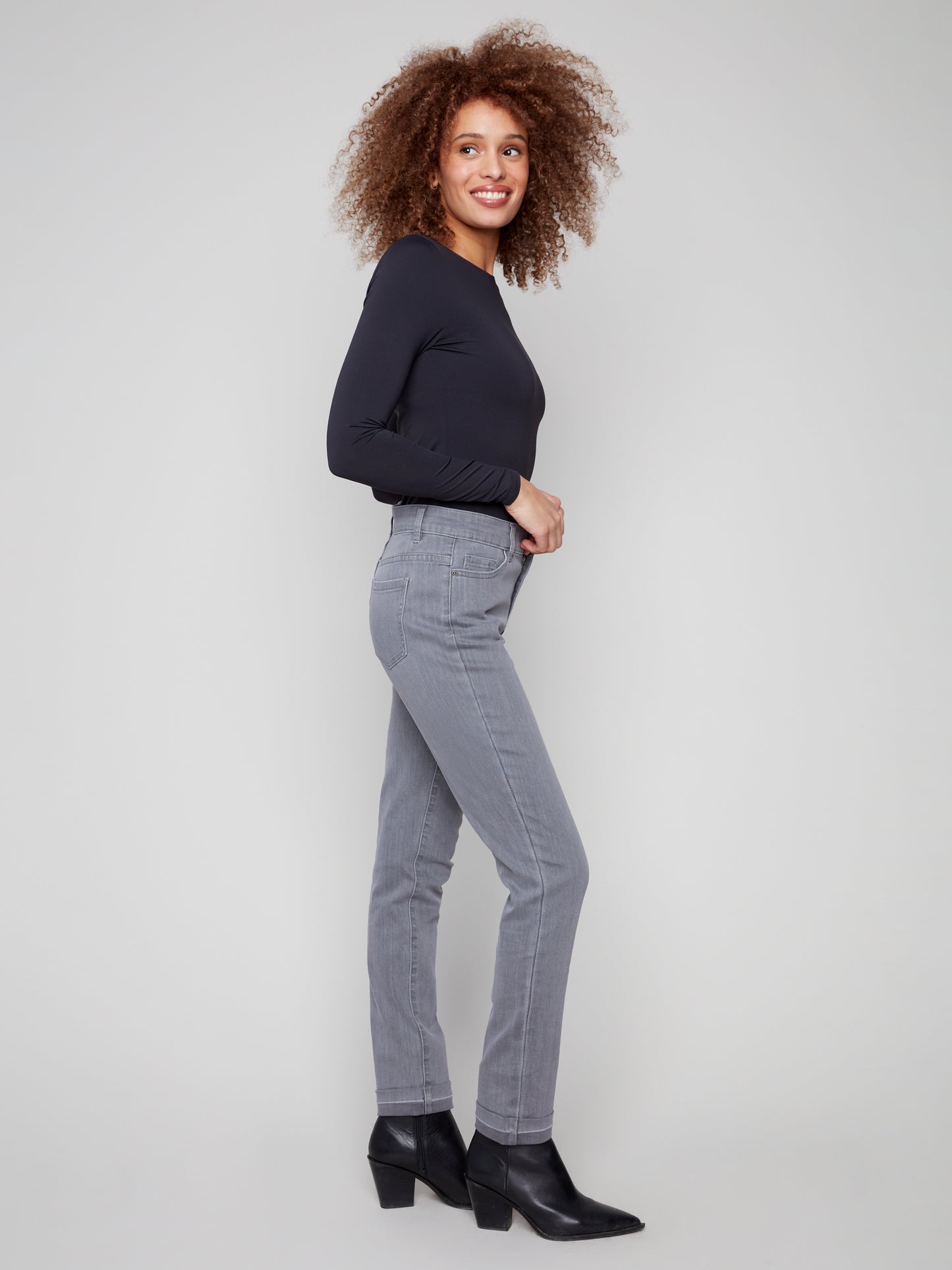 Cuffed Hem Twill Jeans - Smoke Grey