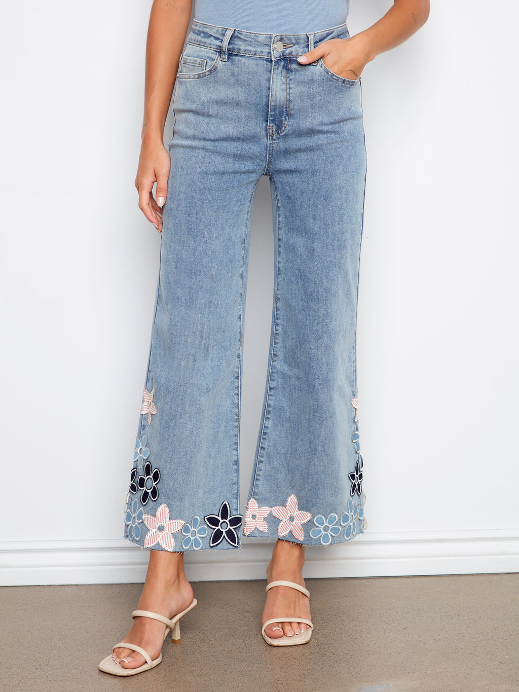 Embroidered Cropped Flare Jeans With Raw Hem - Light Blue