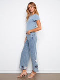 Embroidered Cropped Flare Jeans With Raw Hem - Light Blue