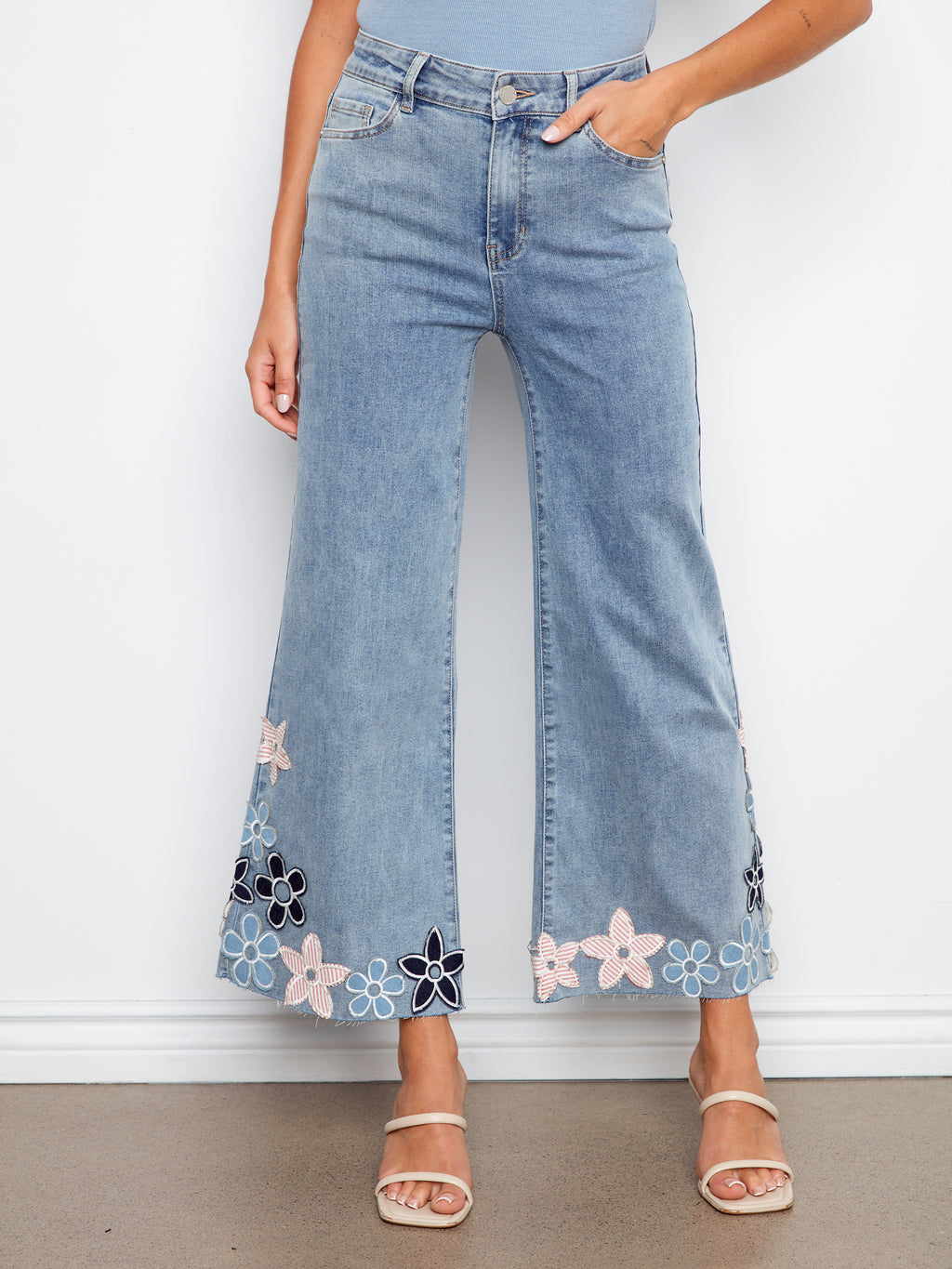 Embroidered Cropped Flare Jeans With Raw Hem - Light Blue