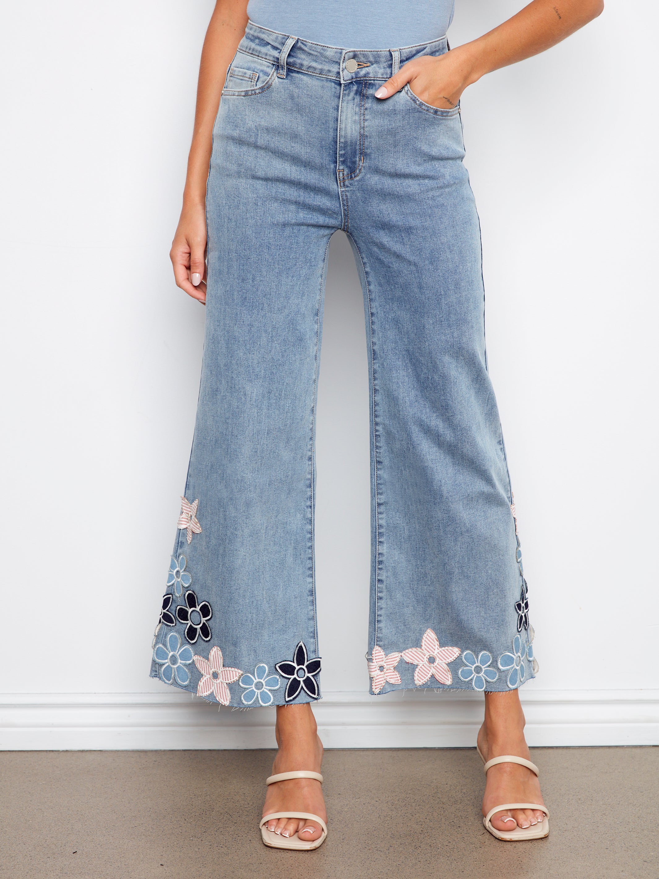 Embroidered Cropped Flare Jeans With Raw Hem - Light Blue