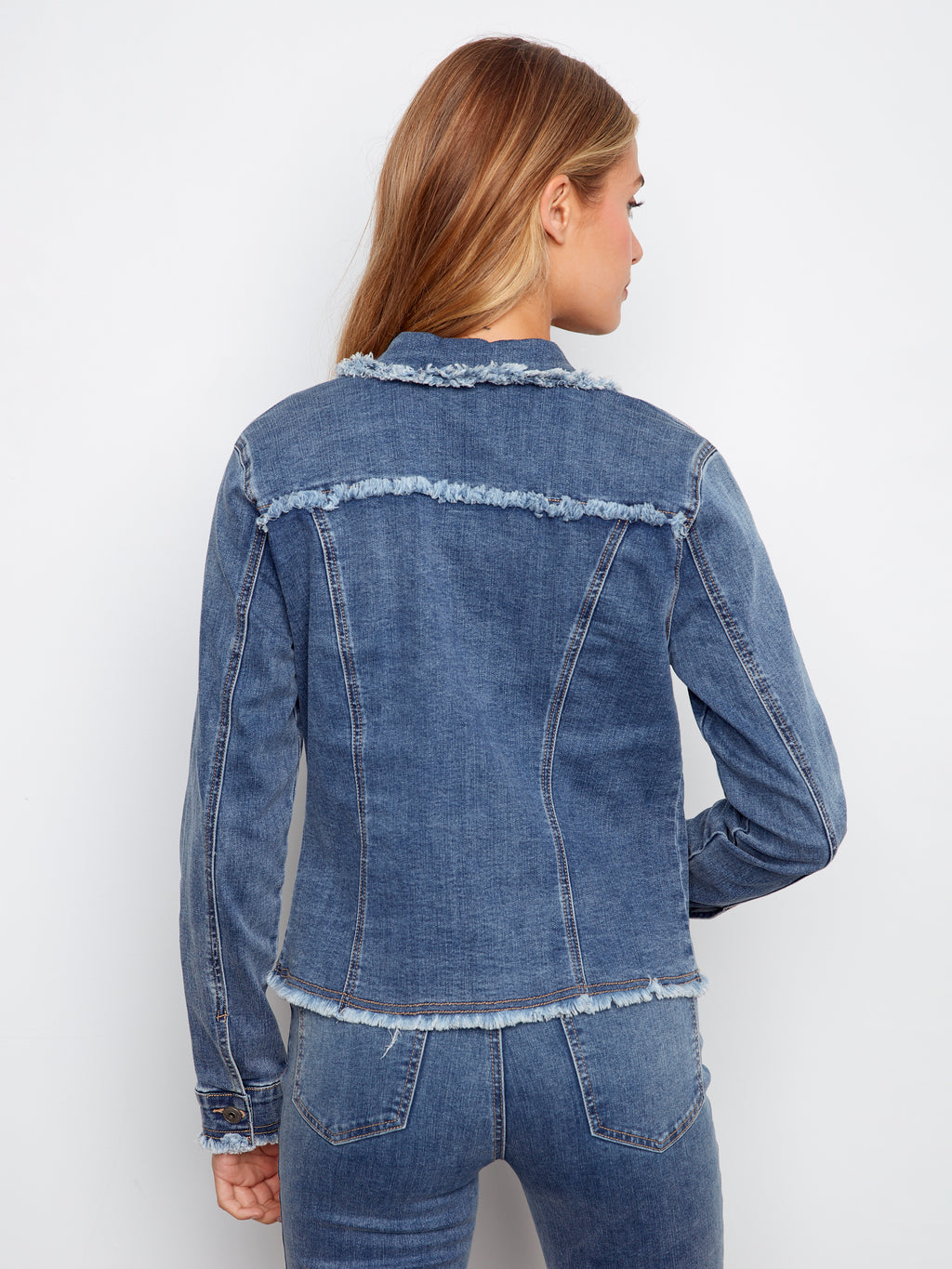 Frayed Edge Stretch Denim Jacket - Medium Blue