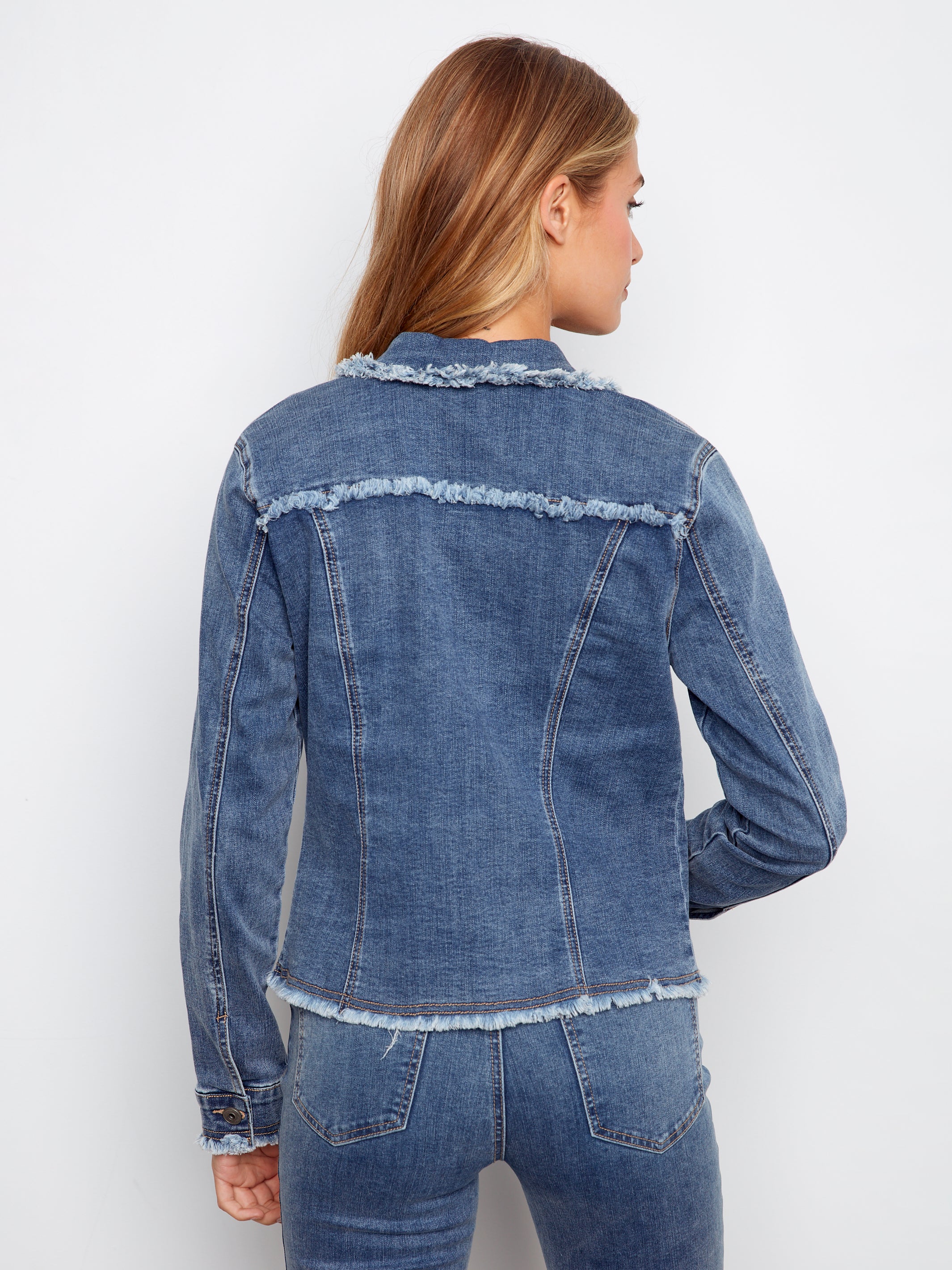 Frayed Edge Stretch Denim Jacket - Medium Blue