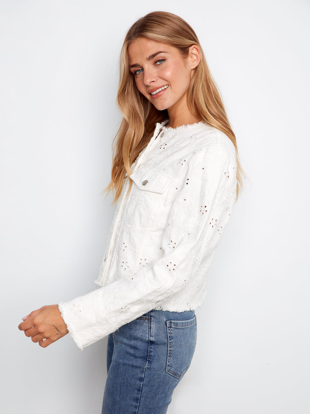 Eyelet Stretch Denim Jacket - White