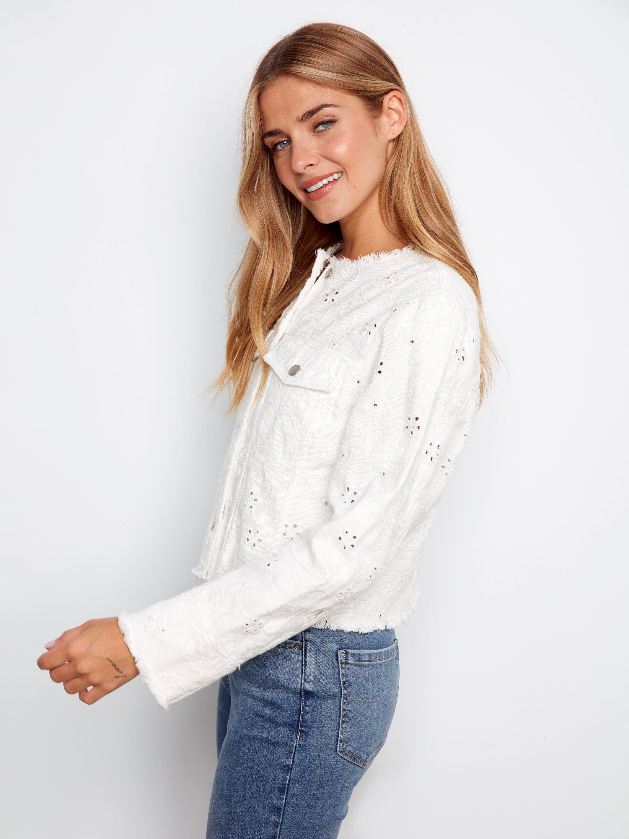 Eyelet denim jacket in White